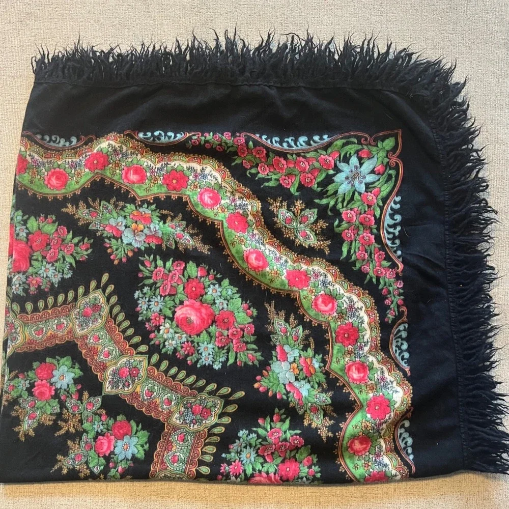 Vintage Black Floral Paisley Square Tablecloth Fringe Edge Pink Blue Rose 54x50